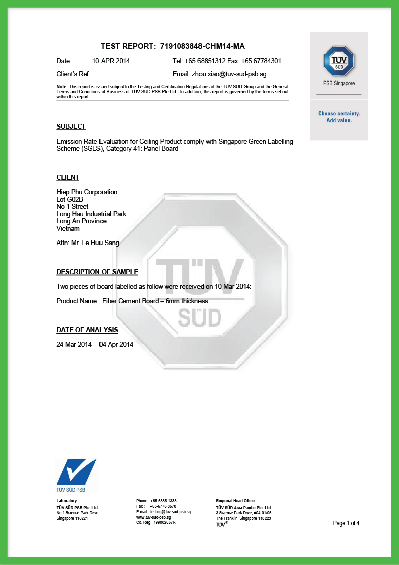 Kiểm tra hàm lượng VOC, Formaldehyde, 4-Phenylcyclohexene, Total Phthalates, Total Particles theo phương pháp kiểm tra ASTM D5116-10 và đạt theo tiêu chuẩn GLS-41  Đơn vị kiểm chứng: TUV SUD