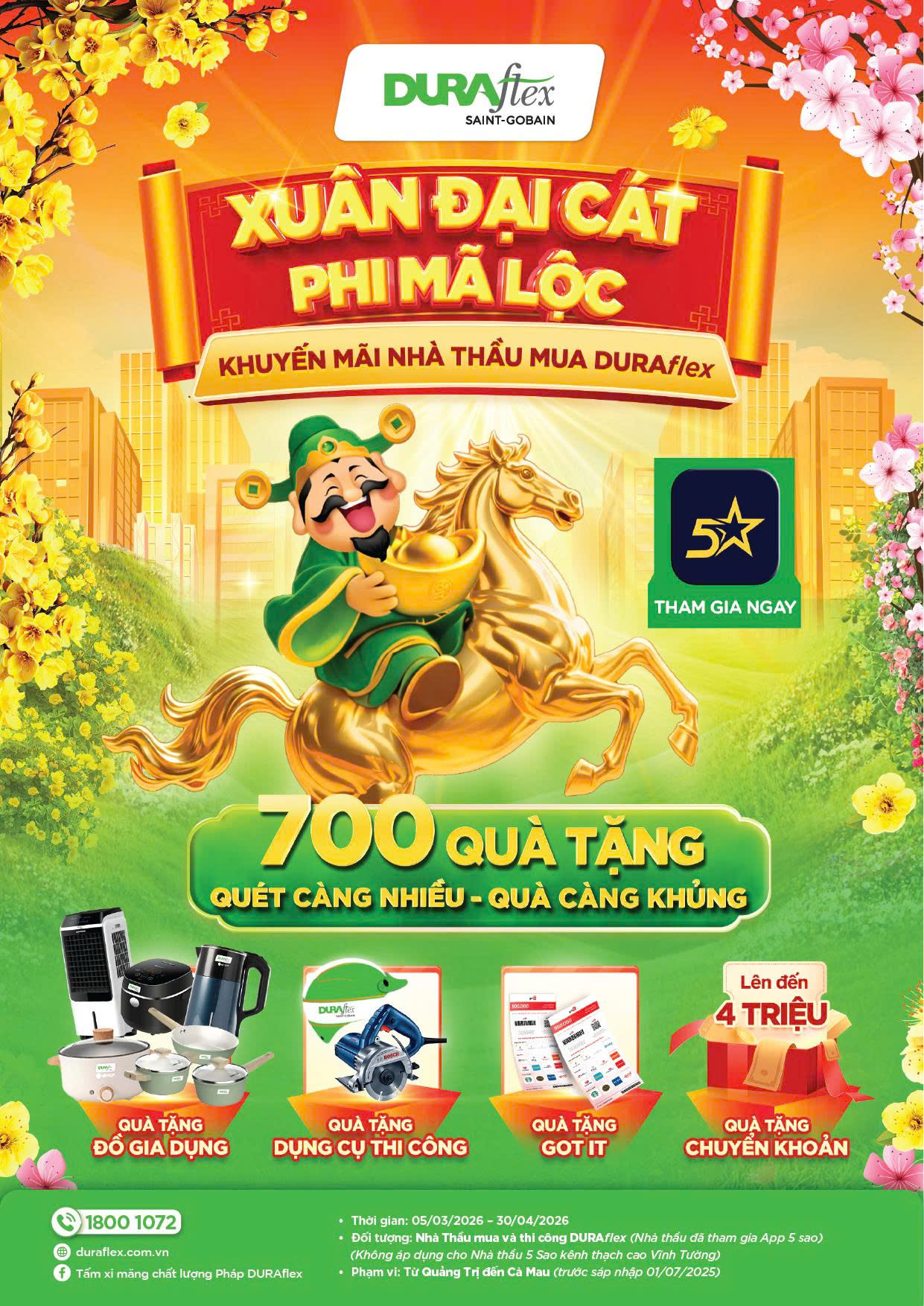 [Miền Nam] CHƯƠNG TRÌNH XUÂN ĐẠI CÁT - PHI MÃ LỘC DÀNH CHO NHÀ THẦU 5 SAO MUA VÀ THI CÔNG DURAflex (Đã tham gia ứng dụng Nhà thầu 5 sao)