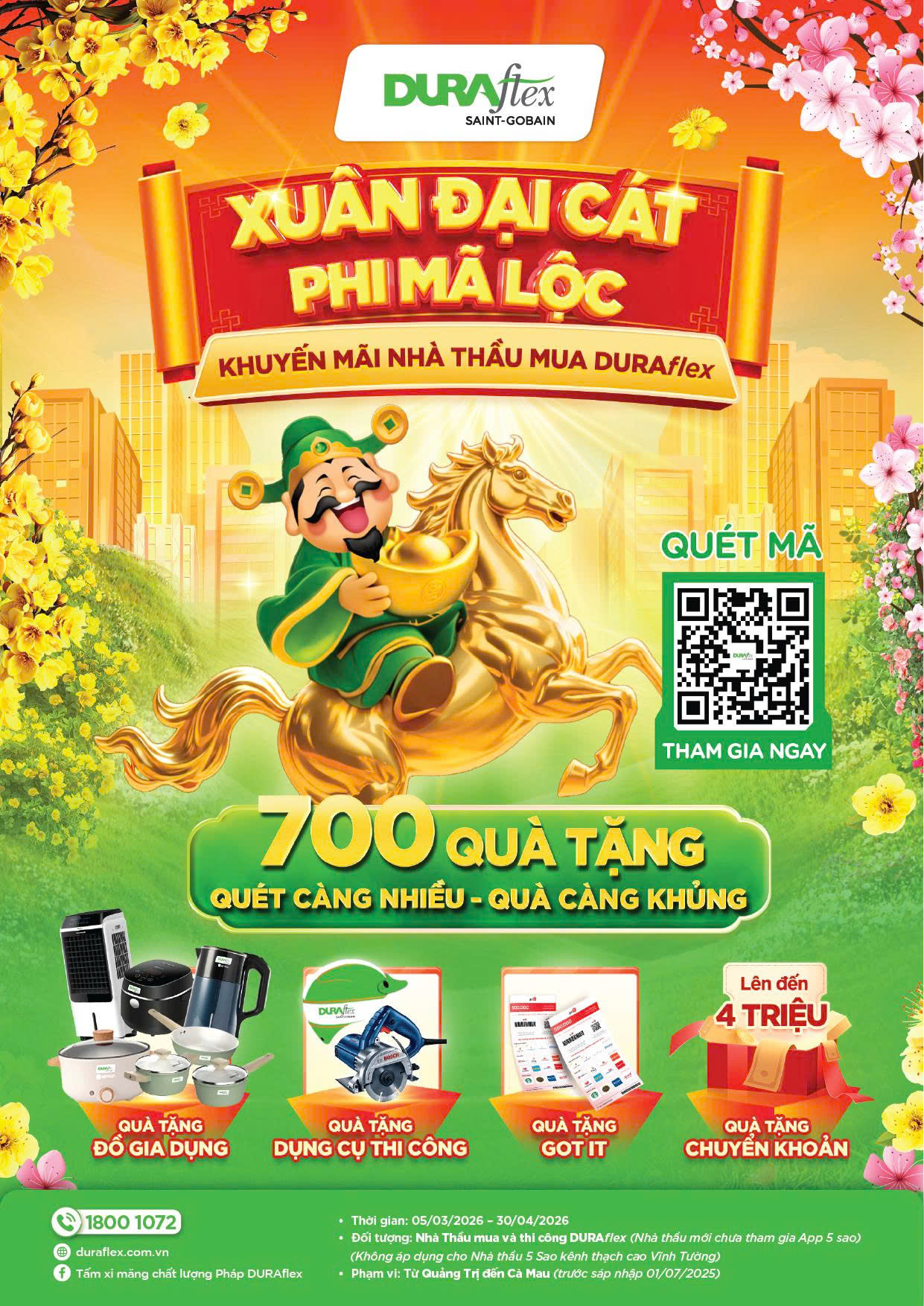 [Miền Nam] CHƯƠNG TRÌNH XUÂN ĐẠI CÁT - PHI MÃ LỘC DÀNH CHO NHÀ THẦU 5 SAO MUA VÀ THI CÔNG DURAflex (Chưa tham gia ứng dụng Nhà thầu 5 sao)