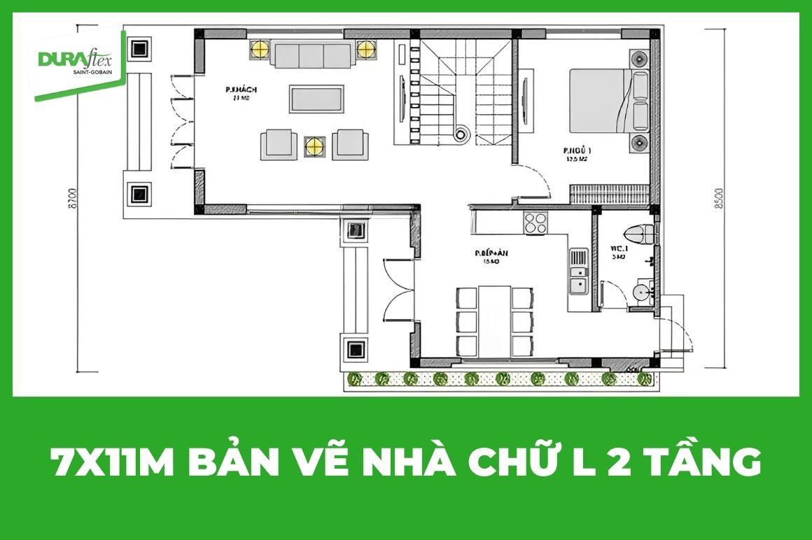 7x11m bản vẽ nhà chữ L 2 tầng
