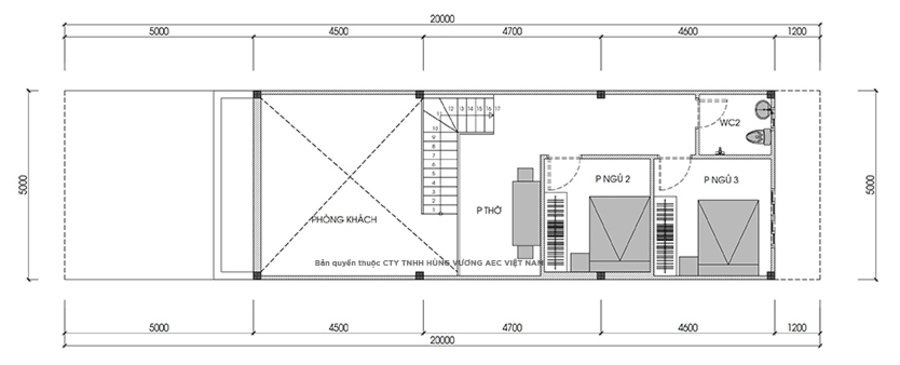 Bản vẽ thiết kế nhà gác lửng 3 phòng ngủ diện tích 5x14