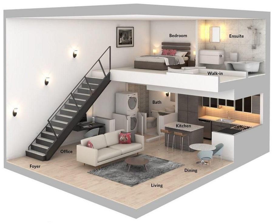 Bản vẽ nhà gác lửng đẹp thiết kế 3d