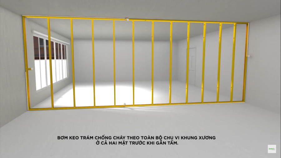bơm keo trám chống cháy theo toàn bộ chu vi khung xương