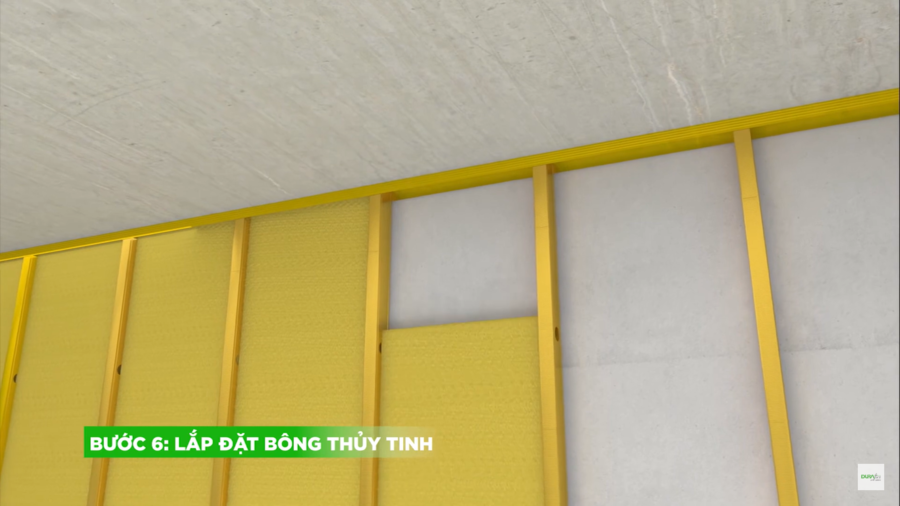 Lắp đặt bông thủy tinh ở ruột giữa vách ngăn
