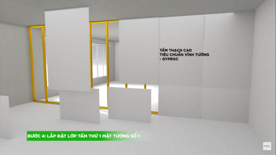 Lắp đặt lớp tấm thứ nhất lên khung ở mặt tường số 1