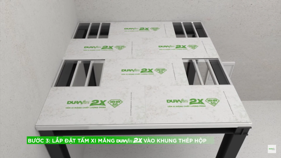 cách thi công tấm cemboard lắp đặt so le các tấm xi măng DURAflex 2X vào khung thép hộp