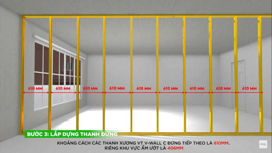 lắp dựng các thanh xương đứng tiếp theo cách nhau 610mm