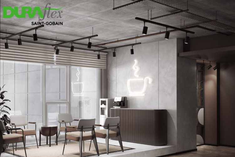 Tấm xi măng DURAflex ứng dụng làm vách và sàn quán cafe