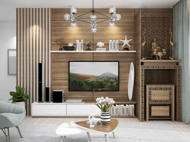 Mẫu vách ốp tường phòng khách bằng gỗ trang trí đơn giản