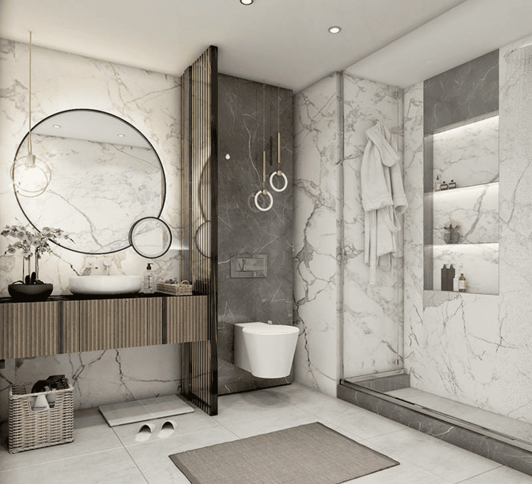 Mẫu thiết kế phòng tắm sang trọng với ốp tường trang trí từ tấm xi măng vân đá