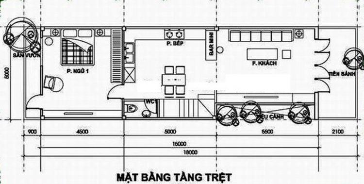 Bản vẽ nhà ống 2 tầng 5x18 đơn giản, đẹp