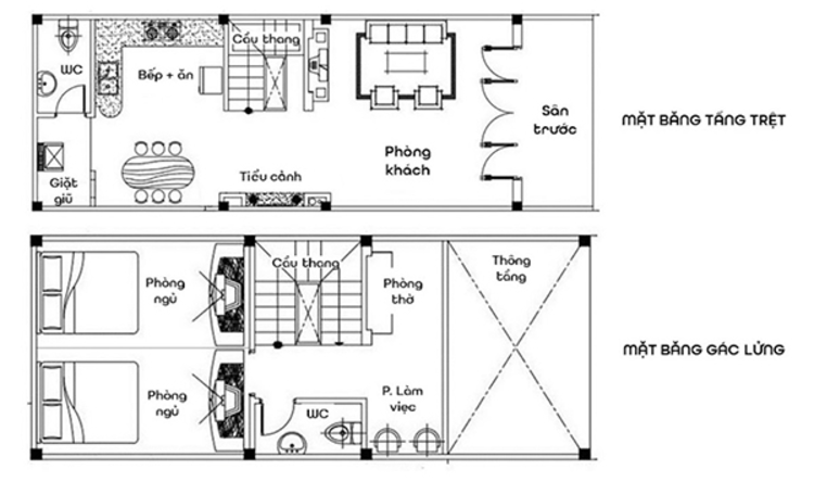 Bản vẽ nhà gác lửng 2 phòng ngủ chi tiết