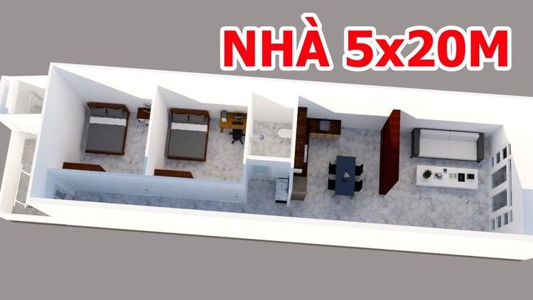 Bản vẽ nhà cấp 4 5x20 hiện đại có 2 phòng ngủ chi tiết, đầy đủ công năng