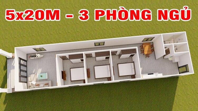 Bản vẽ mẫu nhà cấp 4 đẹp 5x20 3 phòng ngủ hiện đại, chi tiết