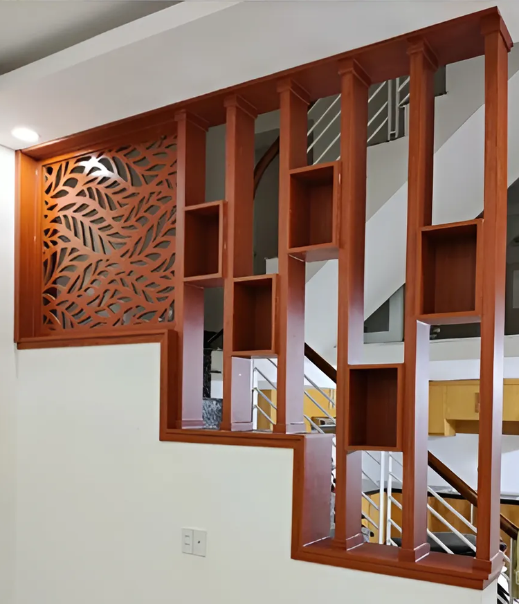 Mẫu vách ngăn cầu thang lam gỗ CNC kết hợp họa tiết tinh tế
