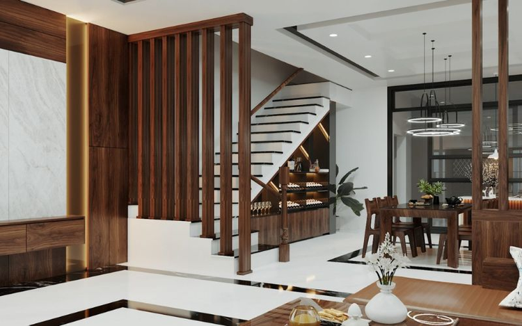Mẫu vách ngăn cầu thang nhà ống đẹp, hiện đại bằng gỗ cao cấp