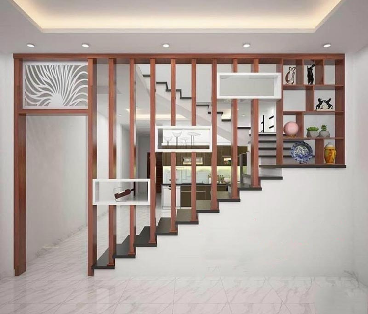 Mẫu vách ngăn cầu thang giật cấp bằng gỗ đẹp, sang trọng
