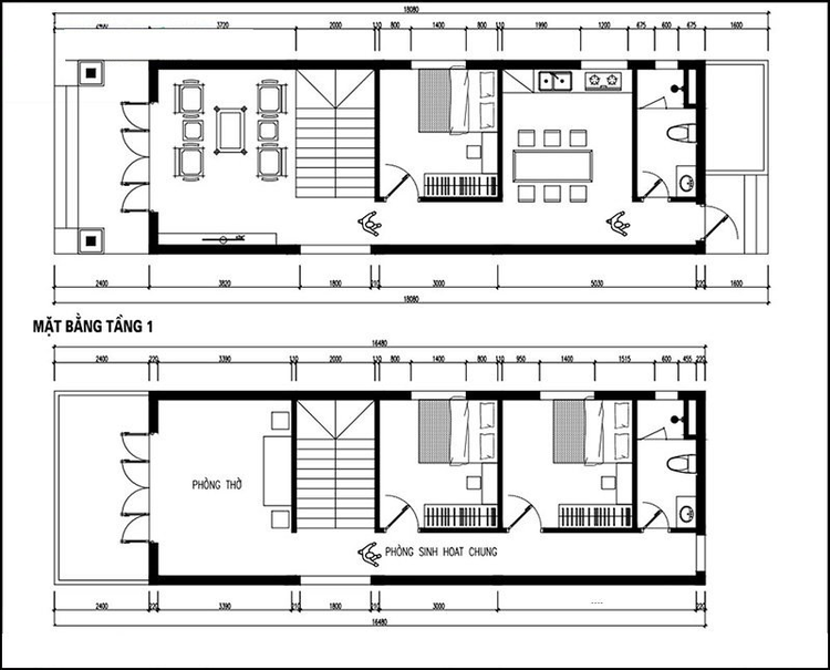 Bản vẽ nhà ống 2 tầng có diện tích 5x16m 