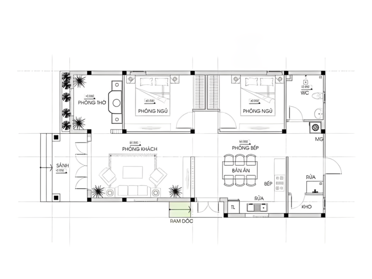 Bản vẽ mẫu nhà cấp 4 2 phòng ngủ 4x15 mái lệch 