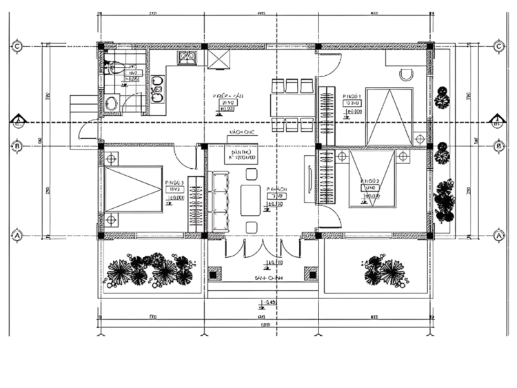 Bản vẽ nhà cấp 4 7x12m 2 phòng ngủ 