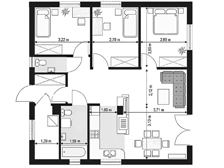 Bản vẽ nhà cấp 4 100m2 3 phòng ngủ