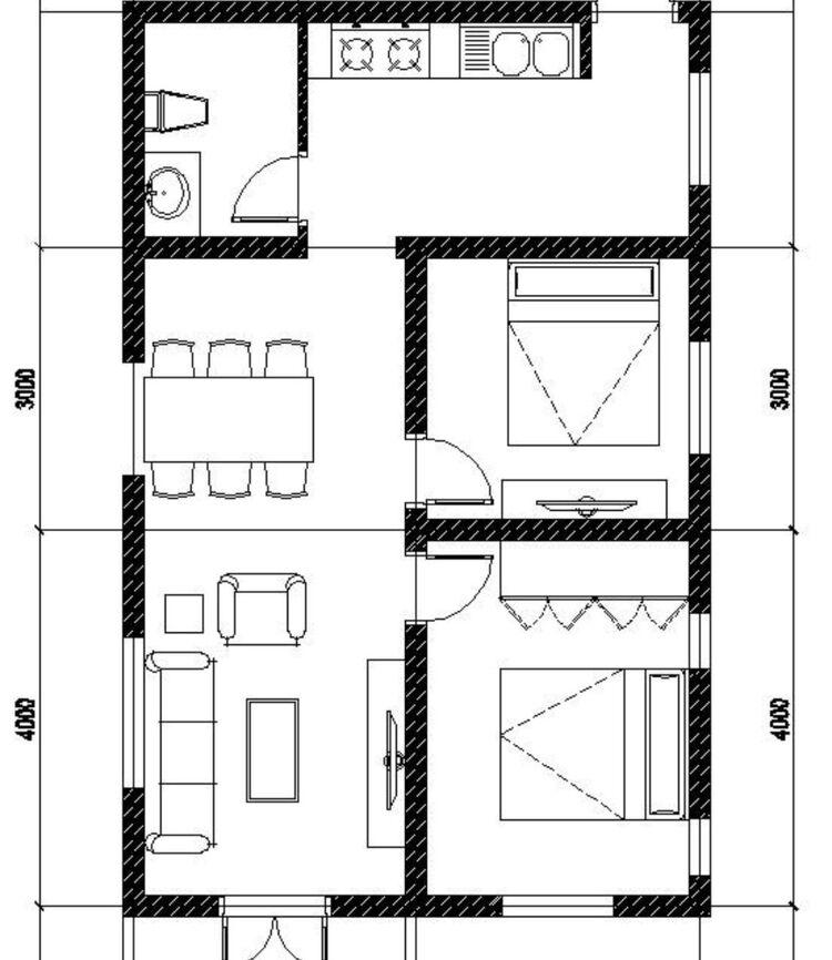 Bản vẽ mẫu nhà cấp 4 có 2 phòng ngủ 5x20