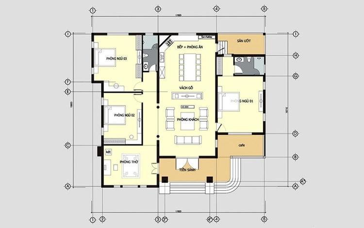 Bản vẽ thiết kế nhà cấp 4 mái Thái 3 phòng ngủ, 1 phòng khách diện tích 120m2