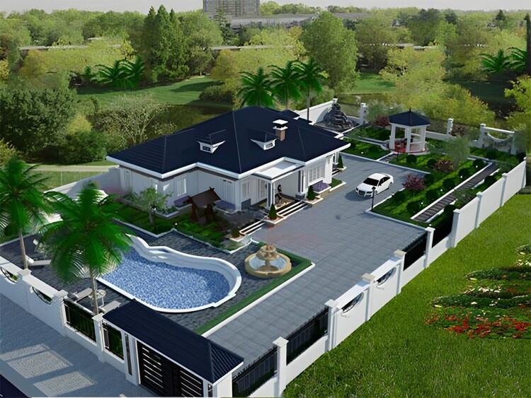 Mẫu biệt thự nhà vườn 1 tầng giá rẻ có bể bơi