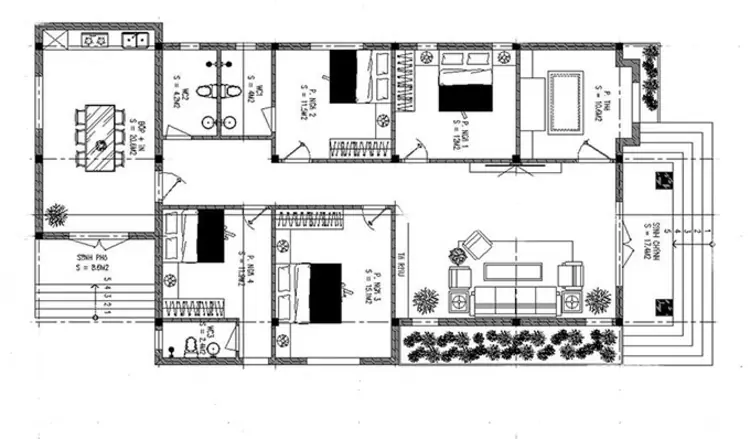 Bản vẽ nhà cấp 4 nông thôn 4 phòng ngủ kích thước 12x15m 