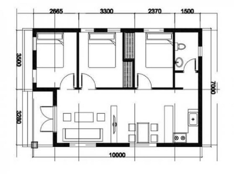 Bản vẽ nhà cấp 4 nông thôn 3 phòng ngủ 100m2 