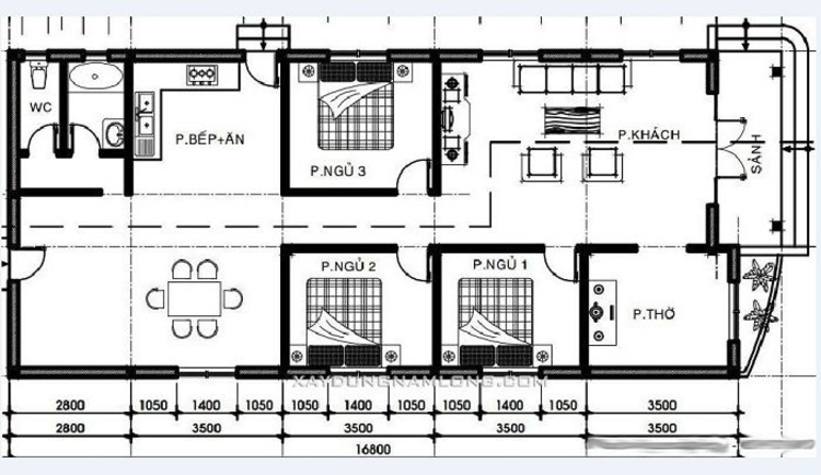 Bản vẽ nhà cấp 4 nông thôn 3 phòng ngủ 100m2 