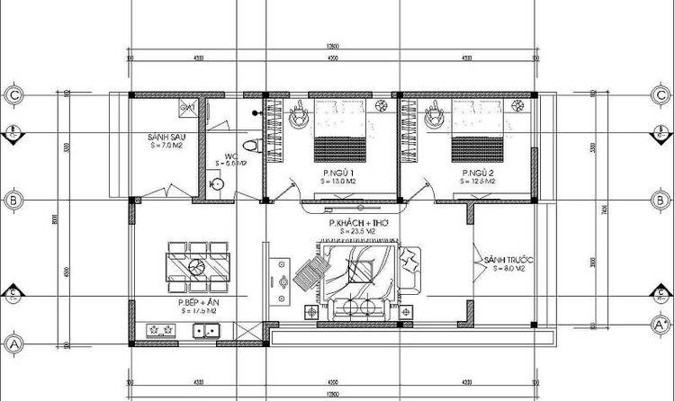 Bản vẽ nhà cấp 4 2 phòng ngủ tối ưu diện tích