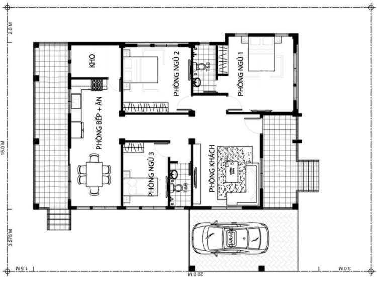 Bản vẽ nhà cấp 4 có gara để ô tô tiện lợi 