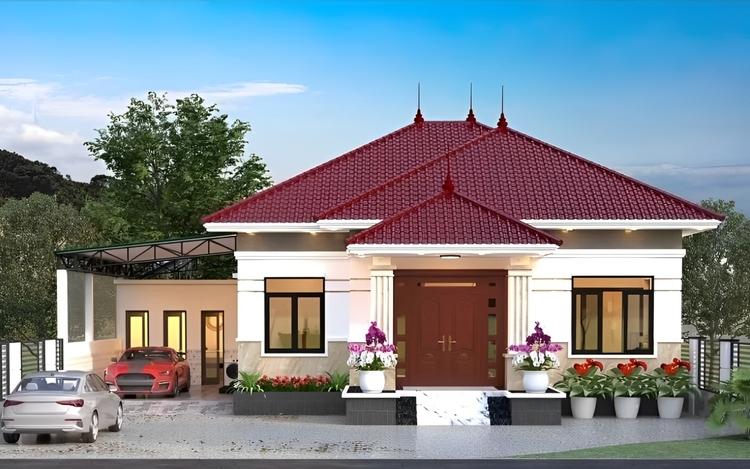 Mẫu nhà cấp 4 mái Nhật 3 phòng ngủ có gara ô tô rộng rãi, bên hông nhà