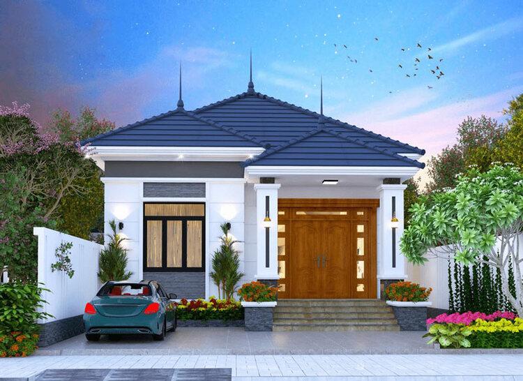 Mẫu nhà cấp 4 mái Nhật 3 phòng ngủ lợp ngói màu xanh hiện đại