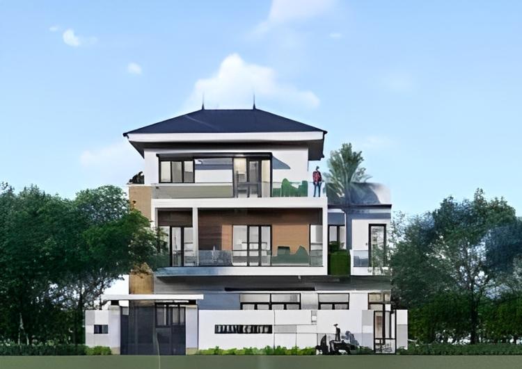 Mẫu nhà vườn đẹp mái Nhật 3 tầng