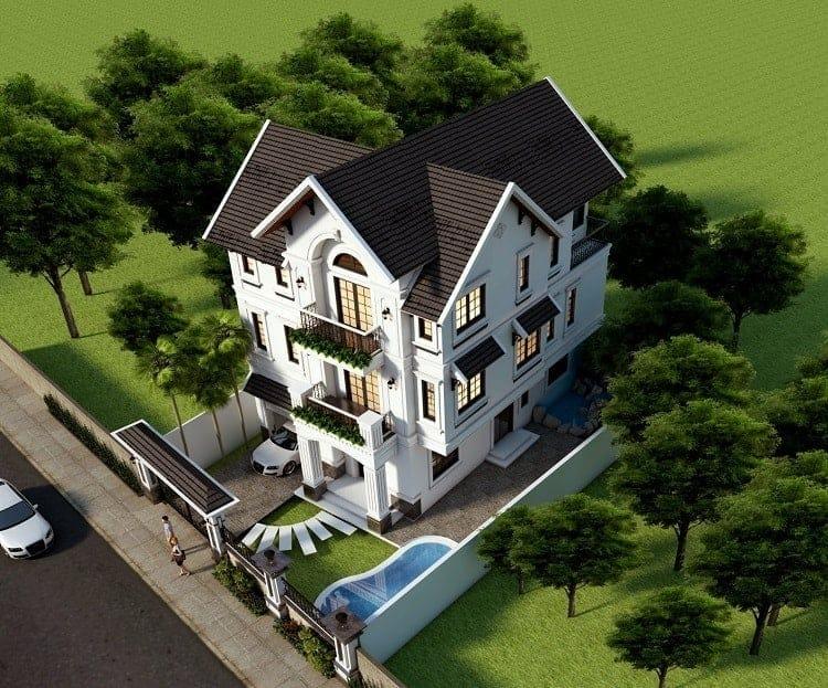 Mẫu nhà vườn đẹp mái Thái 3 tầng