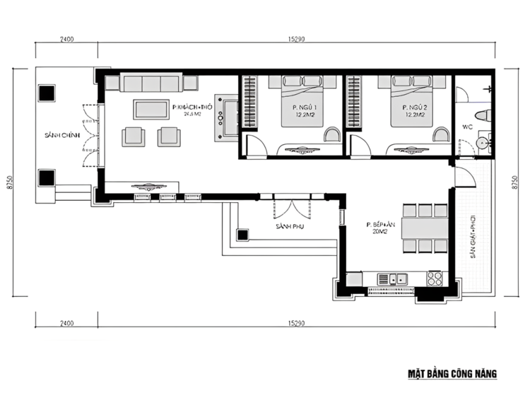 Bản vẽ thiết kế nhà cấp 4 chữ L tiện nghi 2 phòng ngủ 