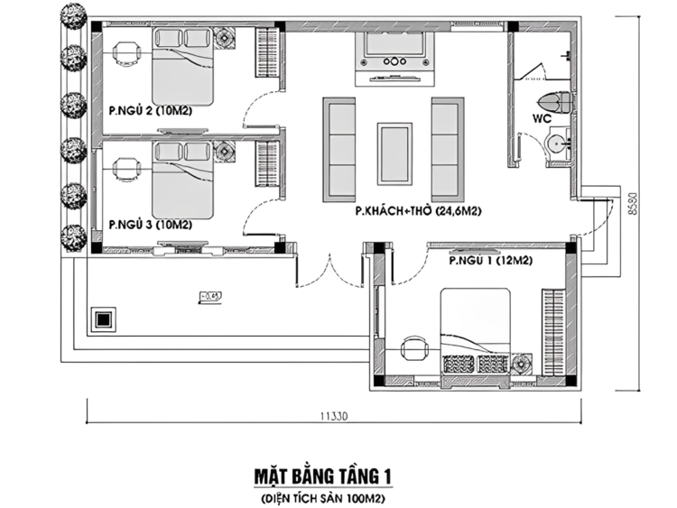 Bản vẽ thiết kế nhà cấp 4 chữ L 3 phòng ngủ, 1 phòng thờ