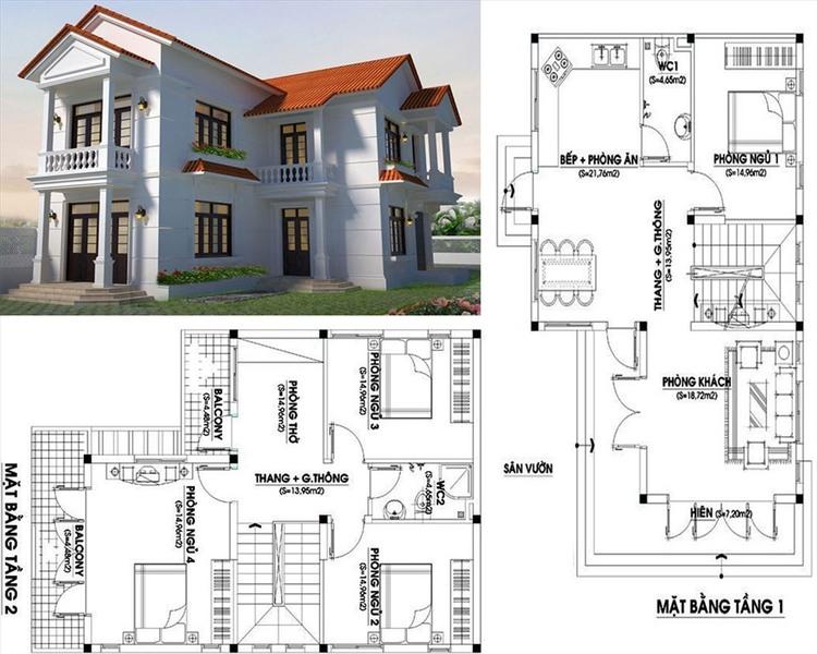 Bản vẽ thiết kế nhà mái Thái 2 tầng chi tiết, đầy đủ công năng