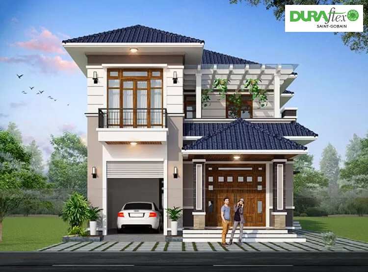 Mẫu 8x12m nhà mái Nhật 2 tầng có gara ô tô tiện lợi, hiện đại