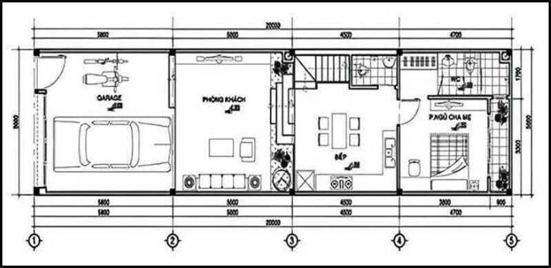Bản vẽ mẫu nhà ống 1 tầng đẹp 5x20m mái bằng có bãi đậu xe rộng lớn