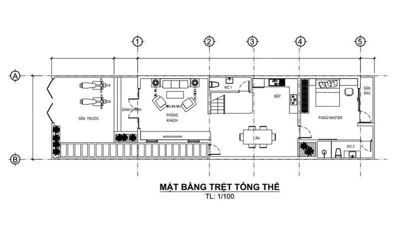Bản vẽ mặt bằng mẫu nhà ống 1 tầng đơn giản, đầy đủ tiện nghi 