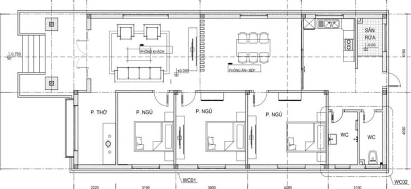 Bản vẽ thiết kế mẫu nhà ống 1 tầng nông thôn 8x15m