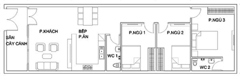 Bản vẽ mẫu nhà ống 1 tầng 3 phòng ngủ nông thôn cho gia đình 4-6 người 
