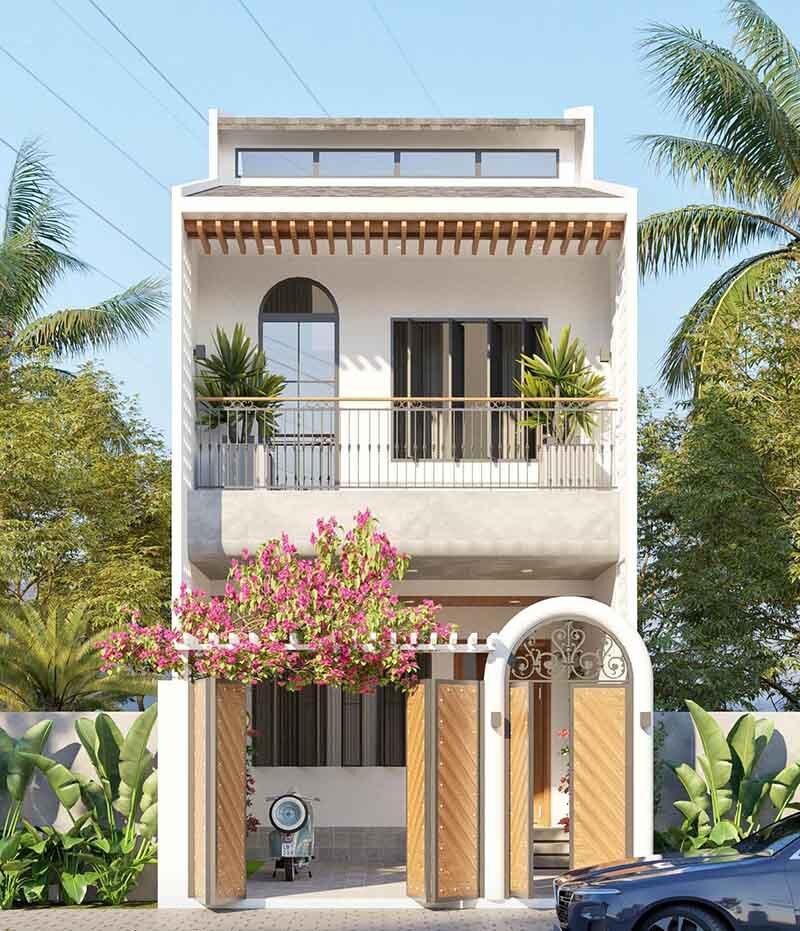 Mẫu nhà phố 1 trệt 1 lầu mặt tiền 5m đẹp, ấn tượng với giàn hoa trước cổng nhà