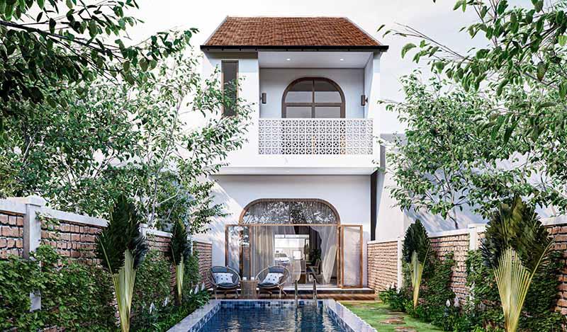 Mẫu nhà 1 trệt 1 lầu 5x20 phong cách Indochine có bể bơi đẹp, tinh tế, nổi bật 