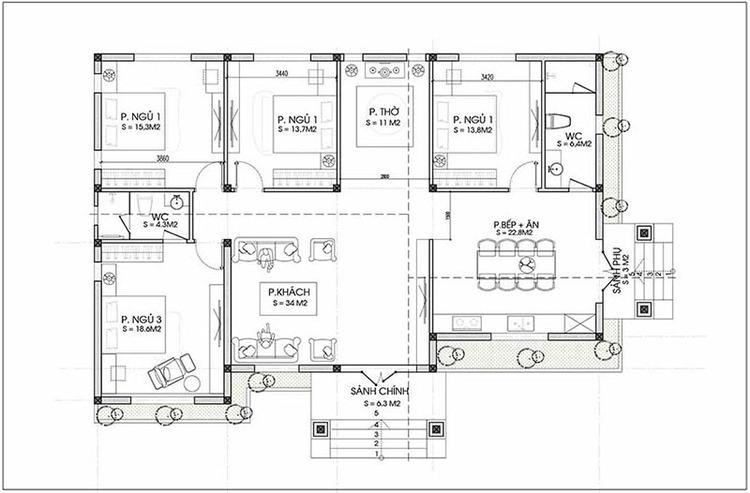 Bản vẽ nhà cấp 4 4 phòng ngủ 400 triệu mái bằng đầy đủ công năng