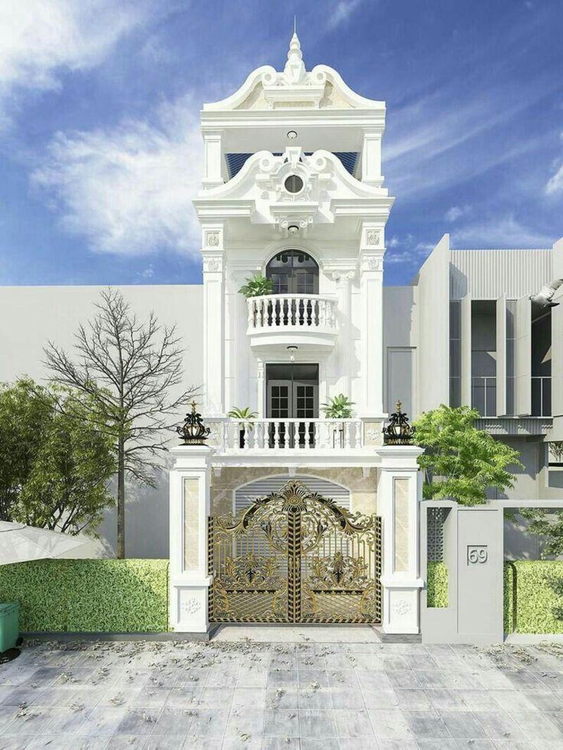 Mẫu nhà ống tân cổ điển 3 tầng mặt tiền 7m được trang trí cây xanh mang vẻ đẹp tươi mát