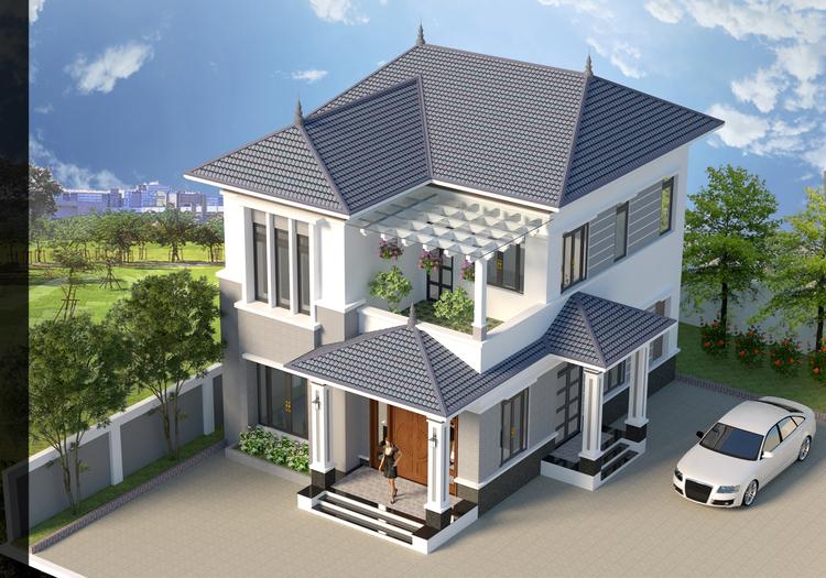 Phối cảnh 3D mẫu 8x12m nhà mái Nhật 2 tầng chữ L nhìn từ trên xuống